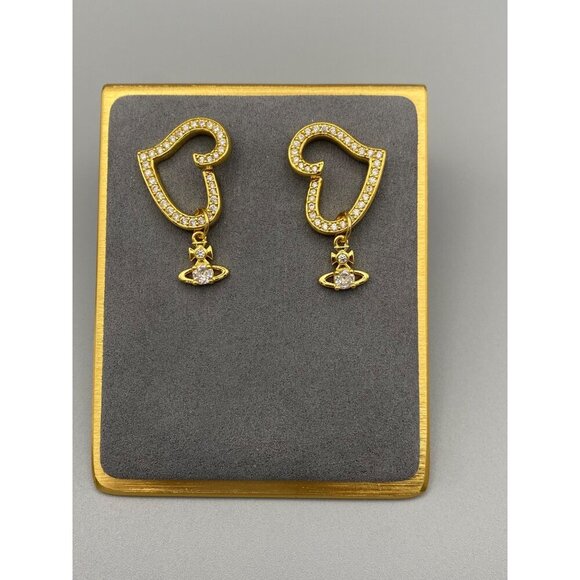Vivienne Westwood Gold Pave Heart Earrings W/ CZ Orb & Dust Bag - Picture 2 of 5